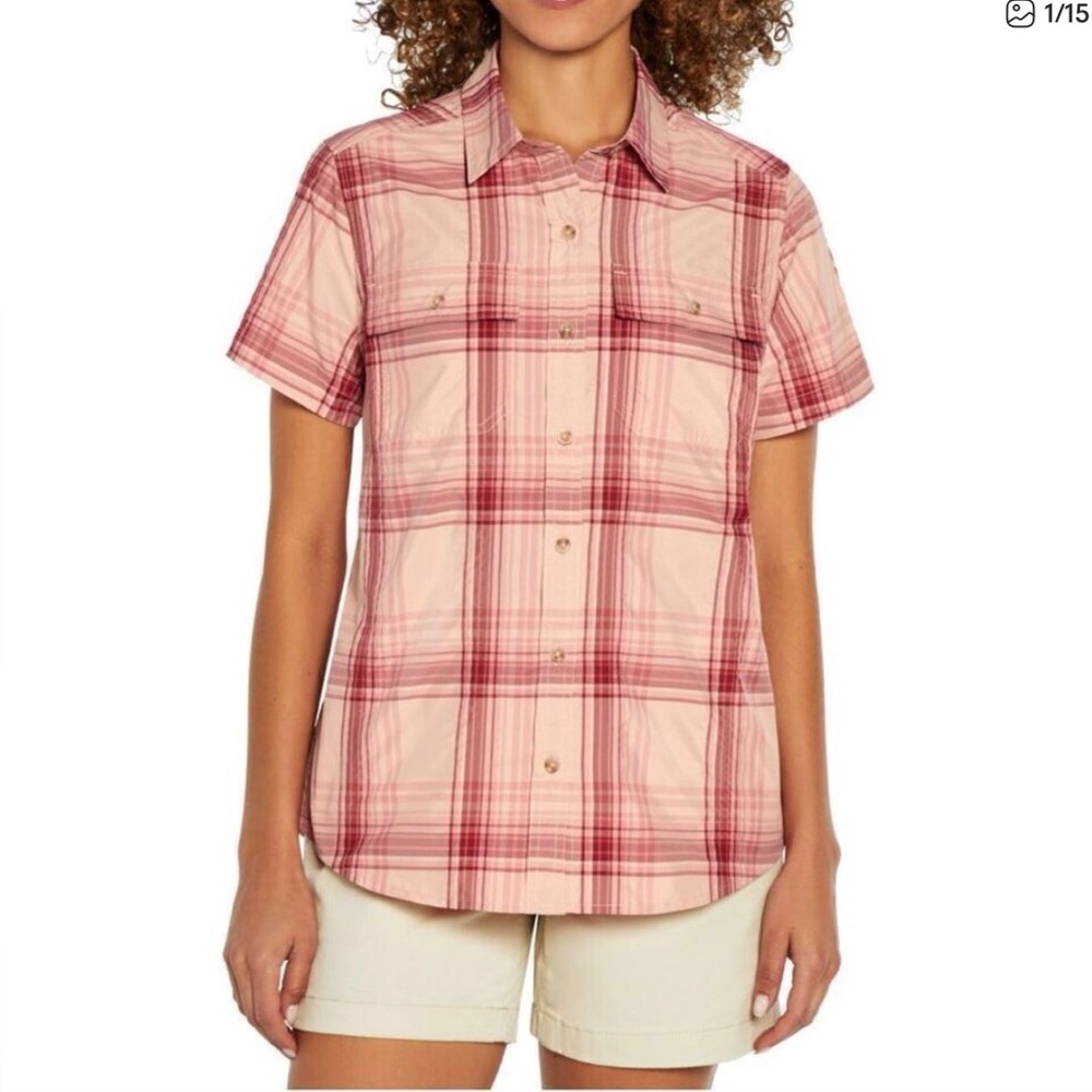 NEW Eddie Bauer Adventure Shirt Women's Short Sleeve Pink White Plaid NWT